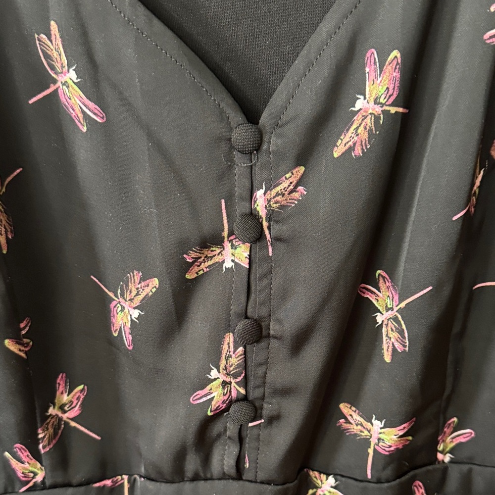 City Chic Black Midi Dress with Pink Dragonfly Design